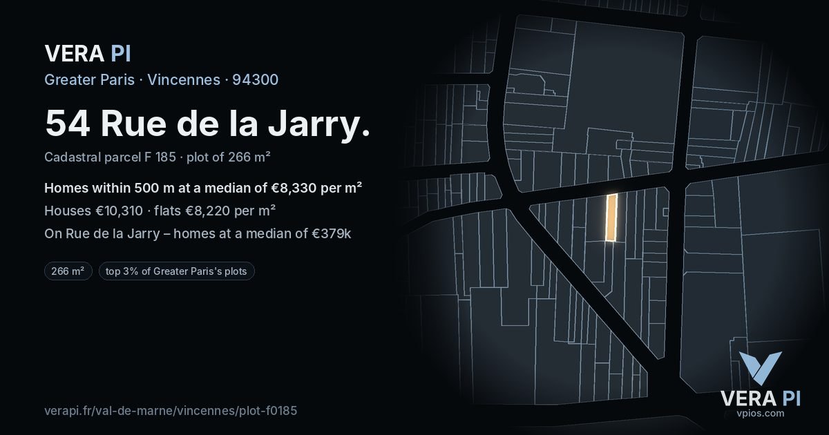 54 Rue de la Jarry, Vincennes at night – the plot lit, the parcels around coloured by the prices near them