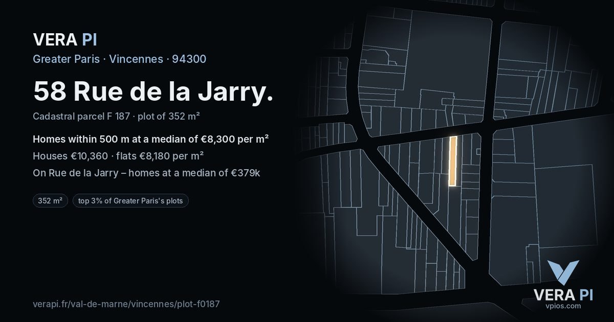 58 Rue de la Jarry, Vincennes at night – the plot lit, the parcels around coloured by the prices near them