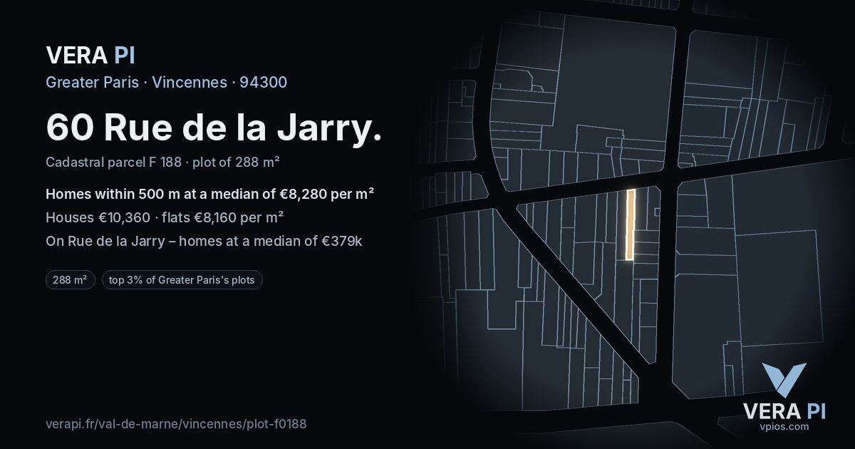 60 Rue de la Jarry, Vincennes at night – the plot lit, the parcels around coloured by the prices near them