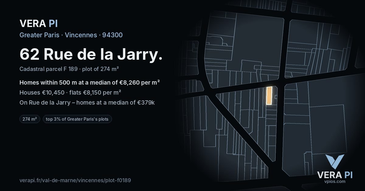 62 Rue de la Jarry, Vincennes at night – the plot lit, the parcels around coloured by the prices near them