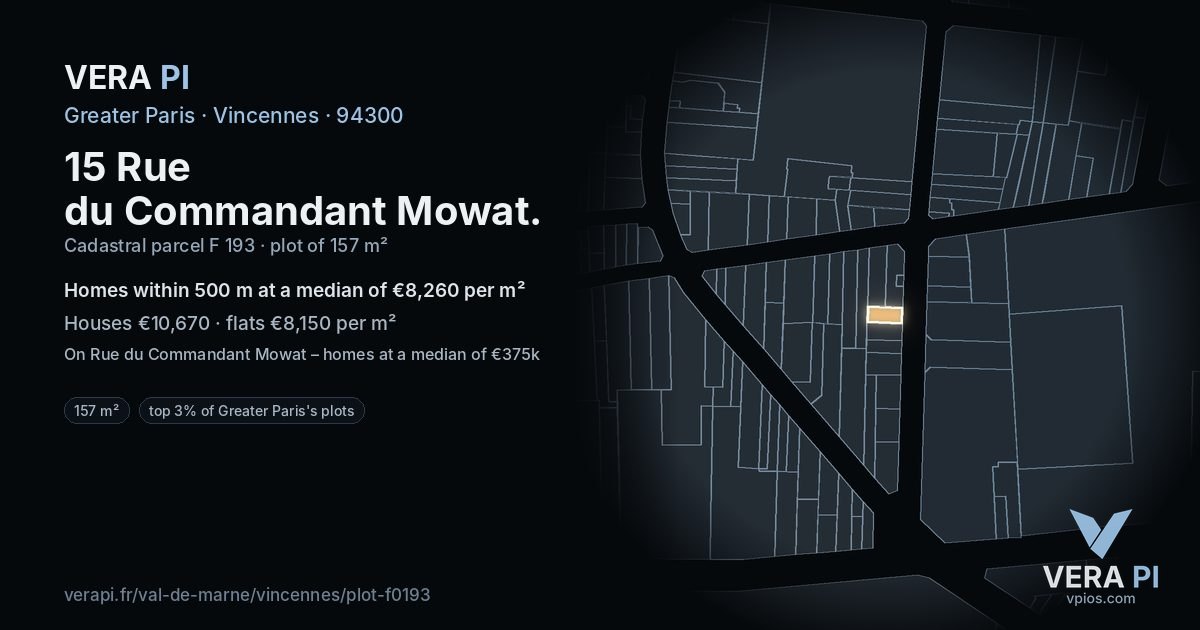 15 Rue du Commandant Mowat, Vincennes at night – the plot lit, the parcels around coloured by the prices near them