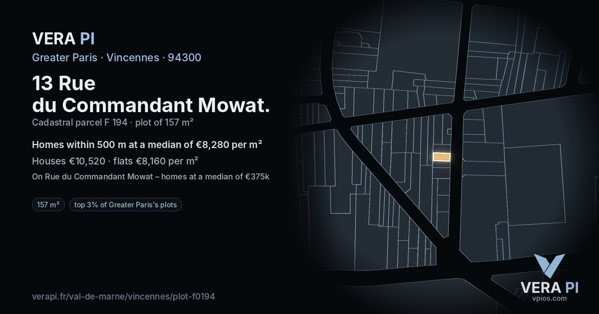 13 Rue du Commandant Mowat, Vincennes at night – the plot lit, the parcels around coloured by the prices near them