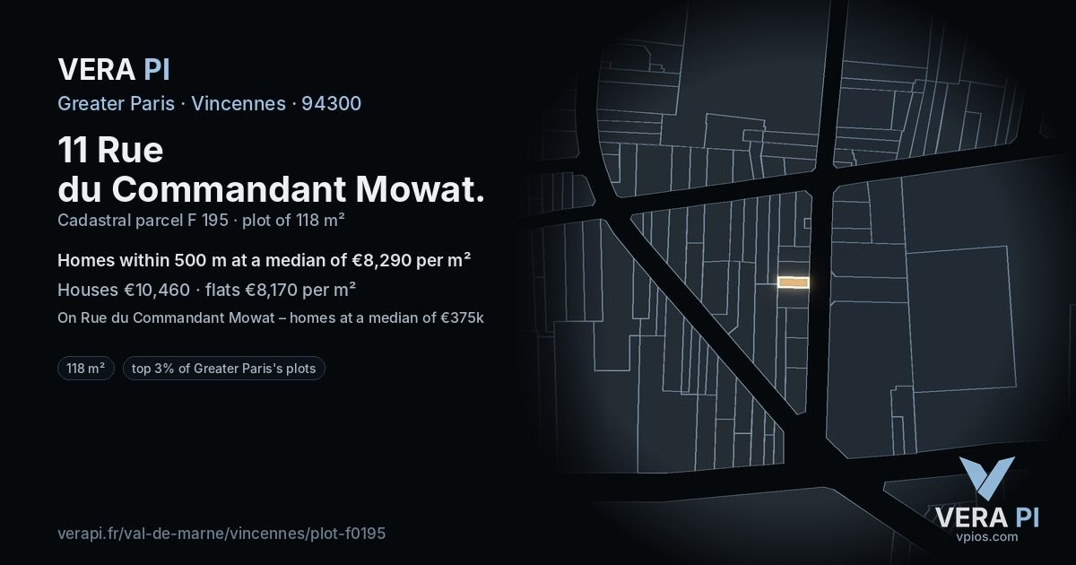 11 Rue du Commandant Mowat, Vincennes at night – the plot lit, the parcels around coloured by the prices near them