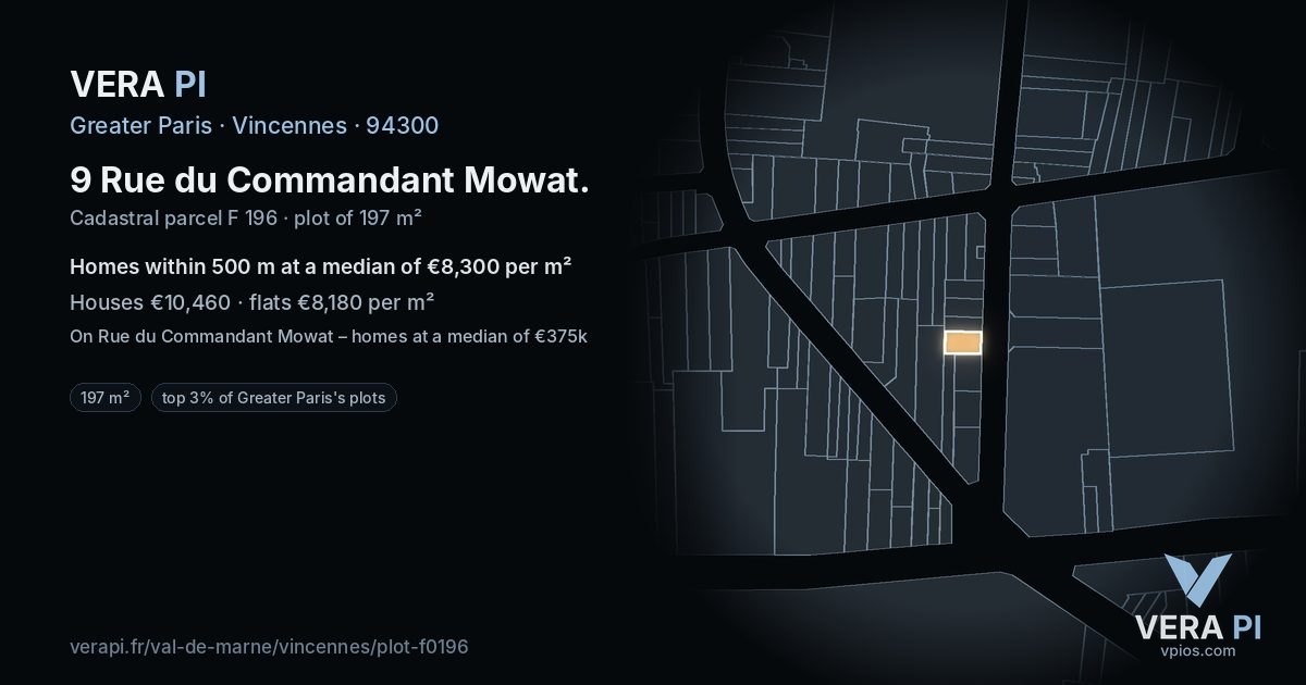 9 Rue du Commandant Mowat, Vincennes at night – the plot lit, the parcels around coloured by the prices near them