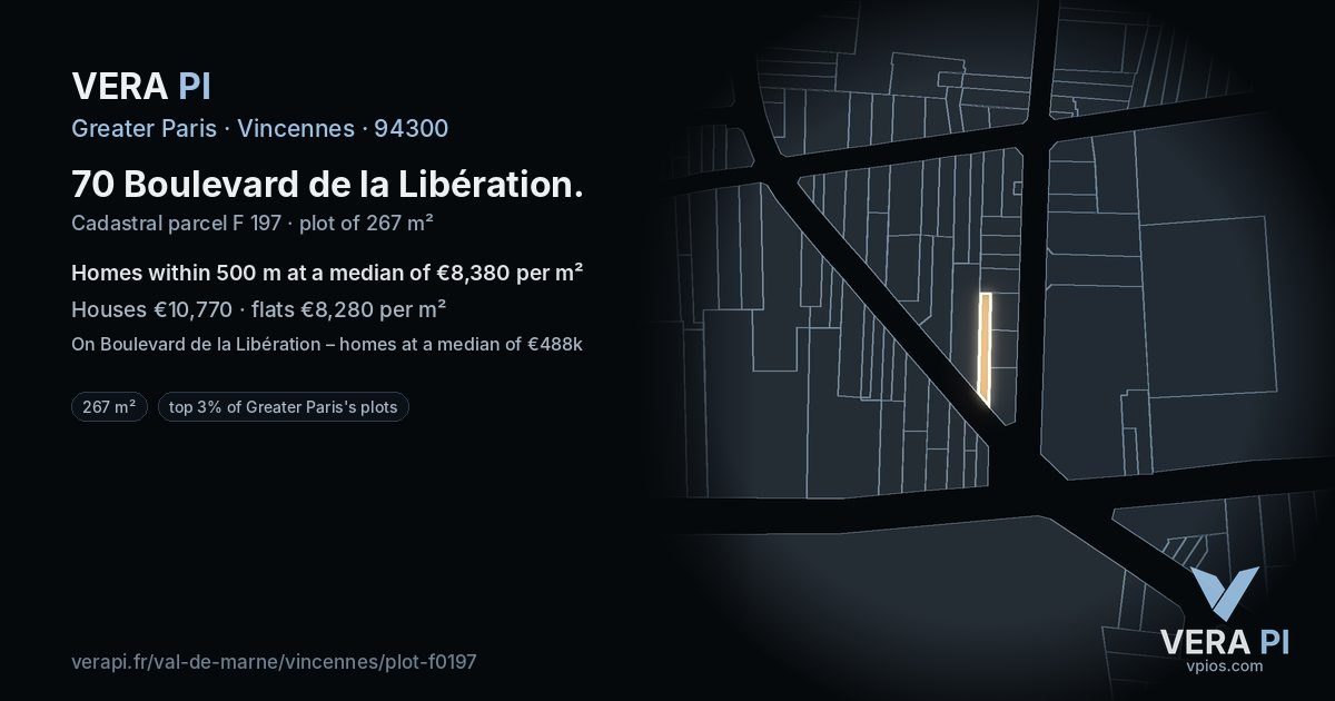 70 Boulevard de la Libération, Vincennes at night – the plot lit, the parcels around coloured by the prices near them