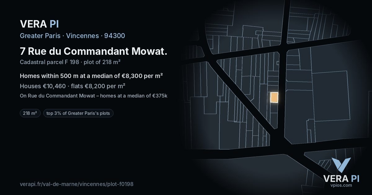 7 Rue du Commandant Mowat, Vincennes at night – the plot lit, the parcels around coloured by the prices near them