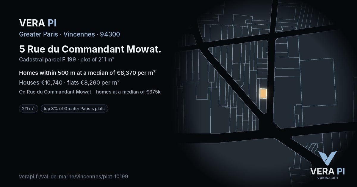 5 Rue du Commandant Mowat, Vincennes at night – the plot lit, the parcels around coloured by the prices near them