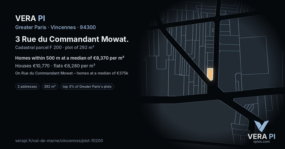 3 Rue du Commandant Mowat, Vincennes at night – the plot lit, the parcels around coloured by the prices near them