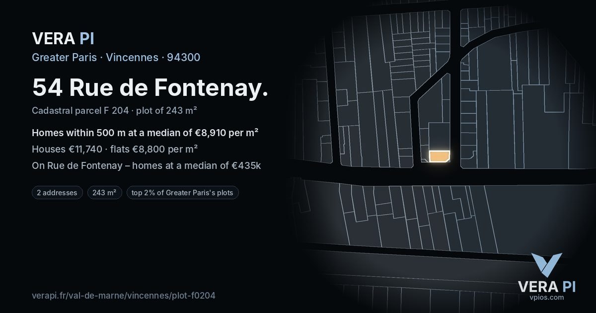 54 Rue de Fontenay, Vincennes at night – the plot lit, the parcels around coloured by the prices near them