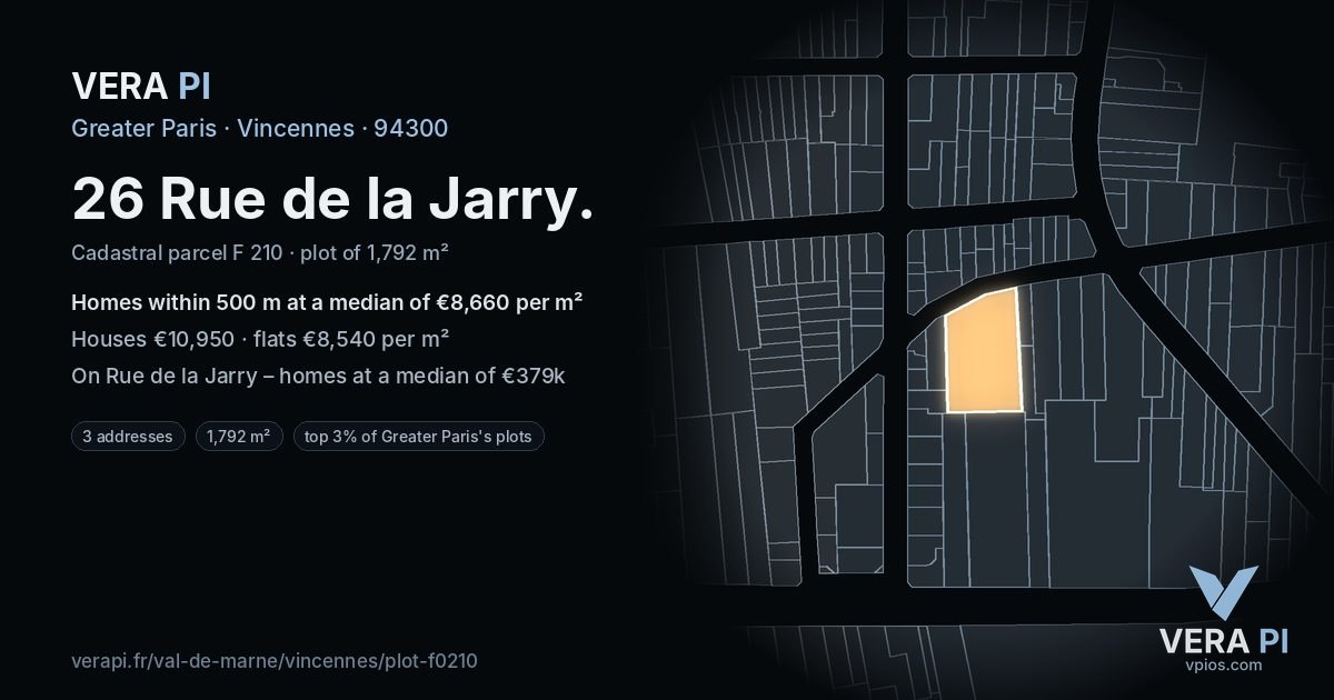 26 Rue de la Jarry, Vincennes at night – the plot lit, the parcels around coloured by the prices near them