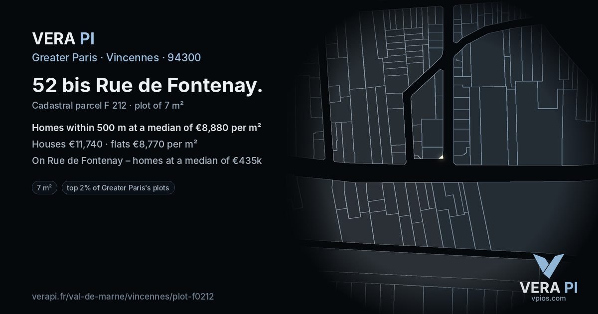 52 bis Rue de Fontenay, Vincennes at night – the plot lit, the parcels around coloured by the prices near them