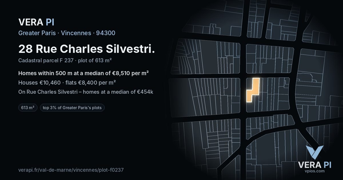 28 Rue Charles Silvestri, Vincennes at night – the plot lit, the parcels around coloured by the prices near them