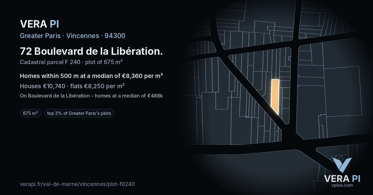 72 Boulevard de la Libération, Vincennes at night – the plot lit, the parcels around coloured by the prices near them