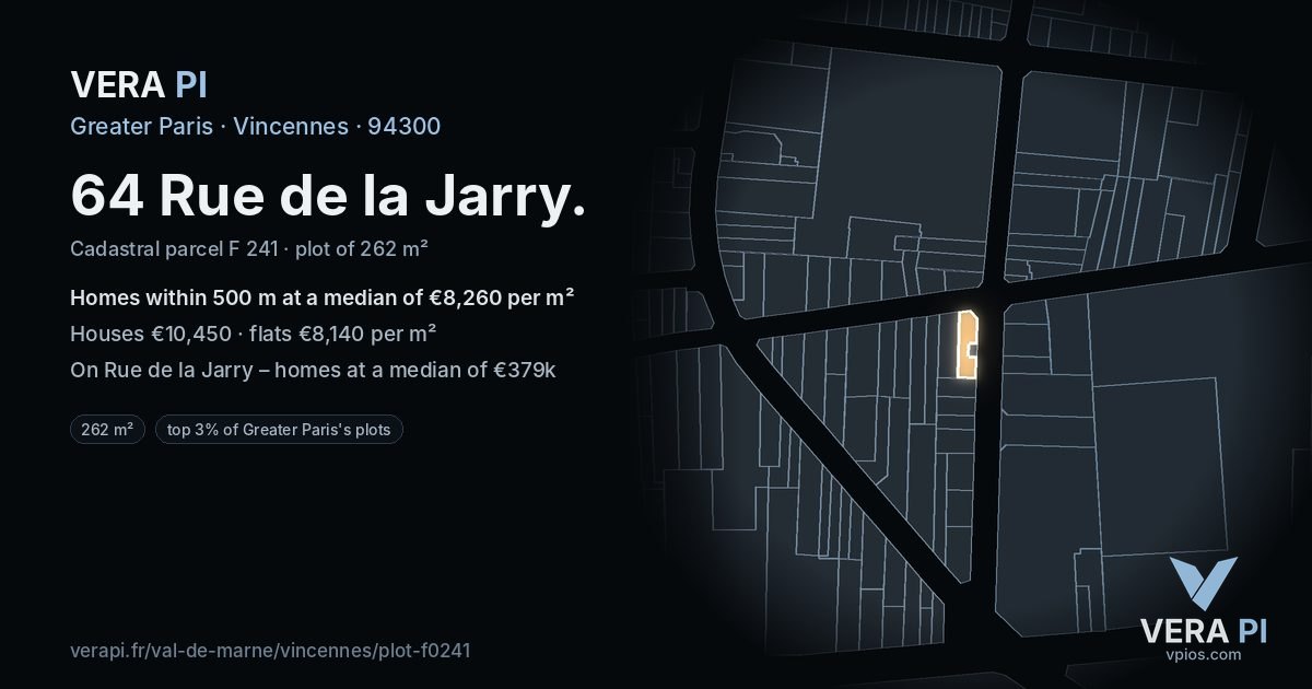 64 Rue de la Jarry, Vincennes at night – the plot lit, the parcels around coloured by the prices near them