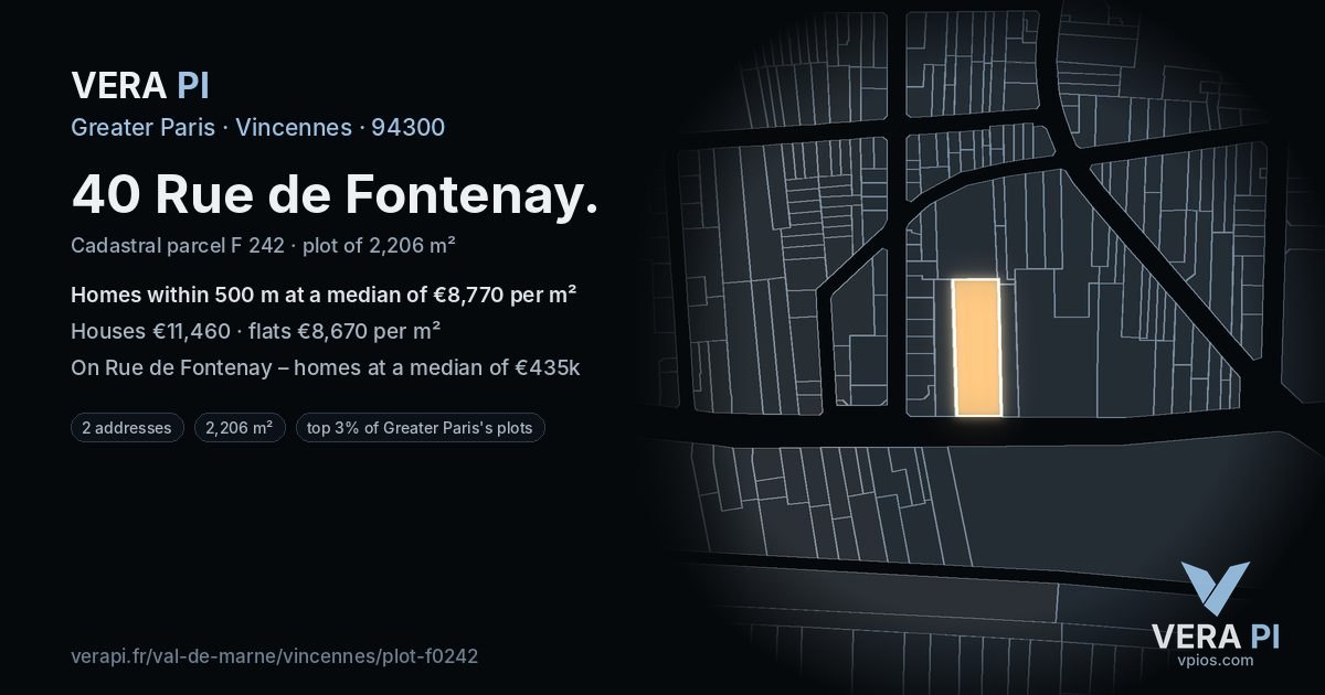 40 Rue de Fontenay, Vincennes at night – the plot lit, the parcels around coloured by the prices near them