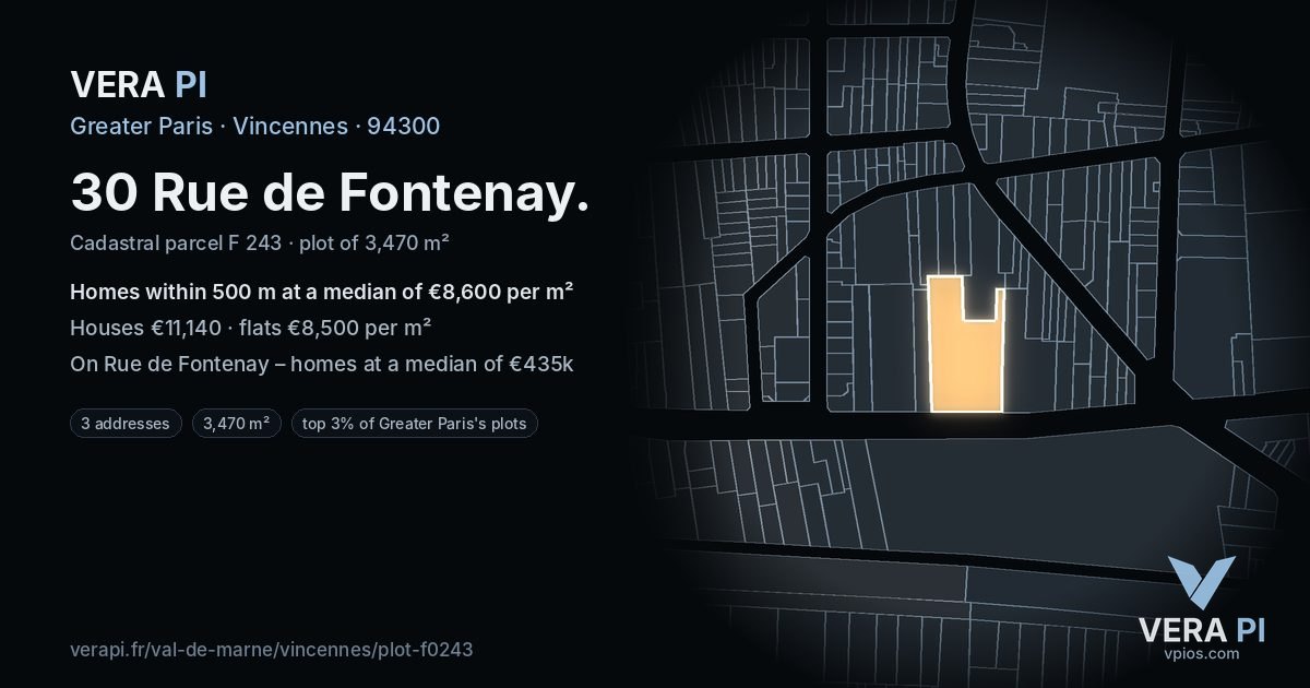 30 Rue de Fontenay, Vincennes at night – the plot lit, the parcels around coloured by the prices near them