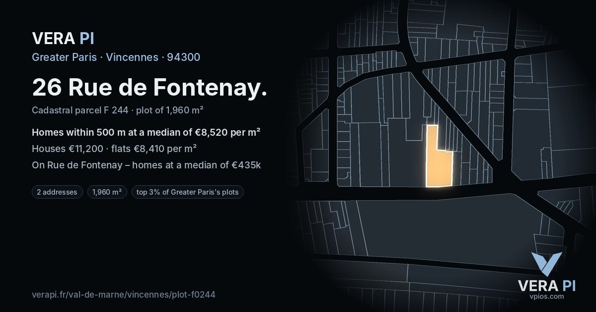 26 Rue de Fontenay, Vincennes at night – the plot lit, the parcels around coloured by the prices near them