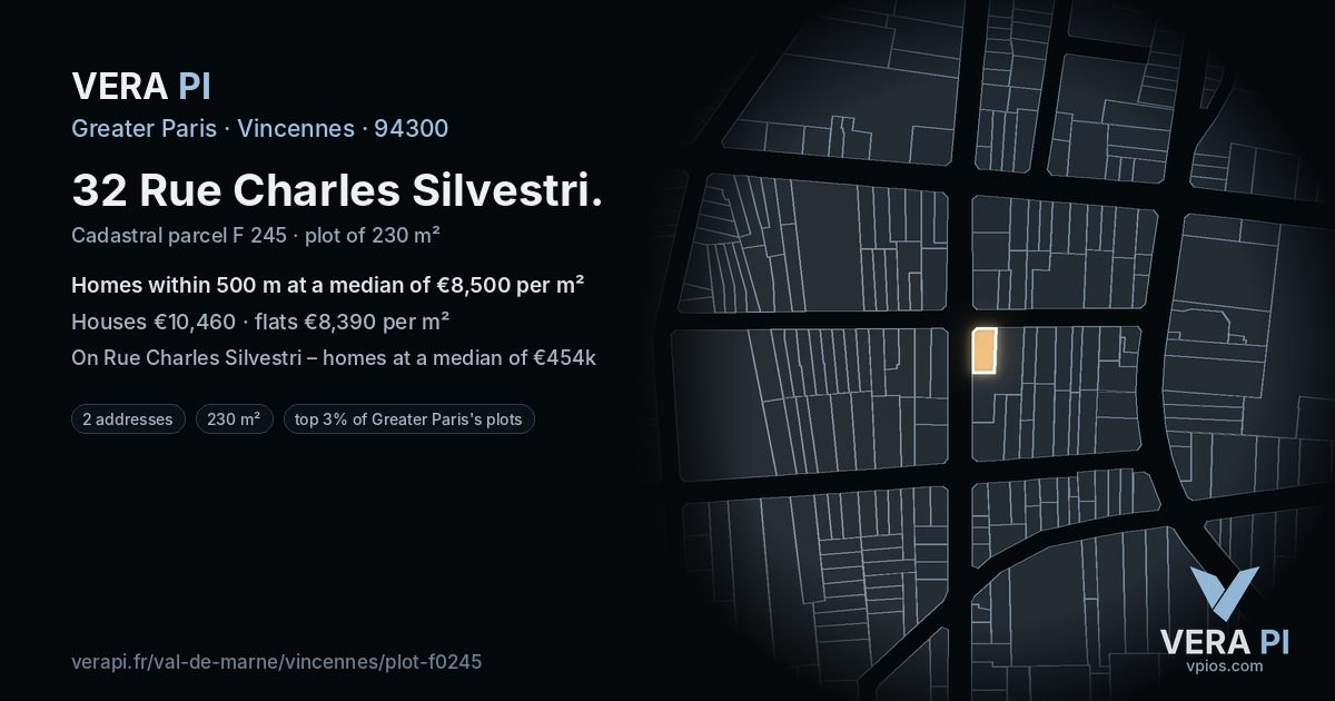 32 Rue Charles Silvestri, Vincennes at night – the plot lit, the parcels around coloured by the prices near them