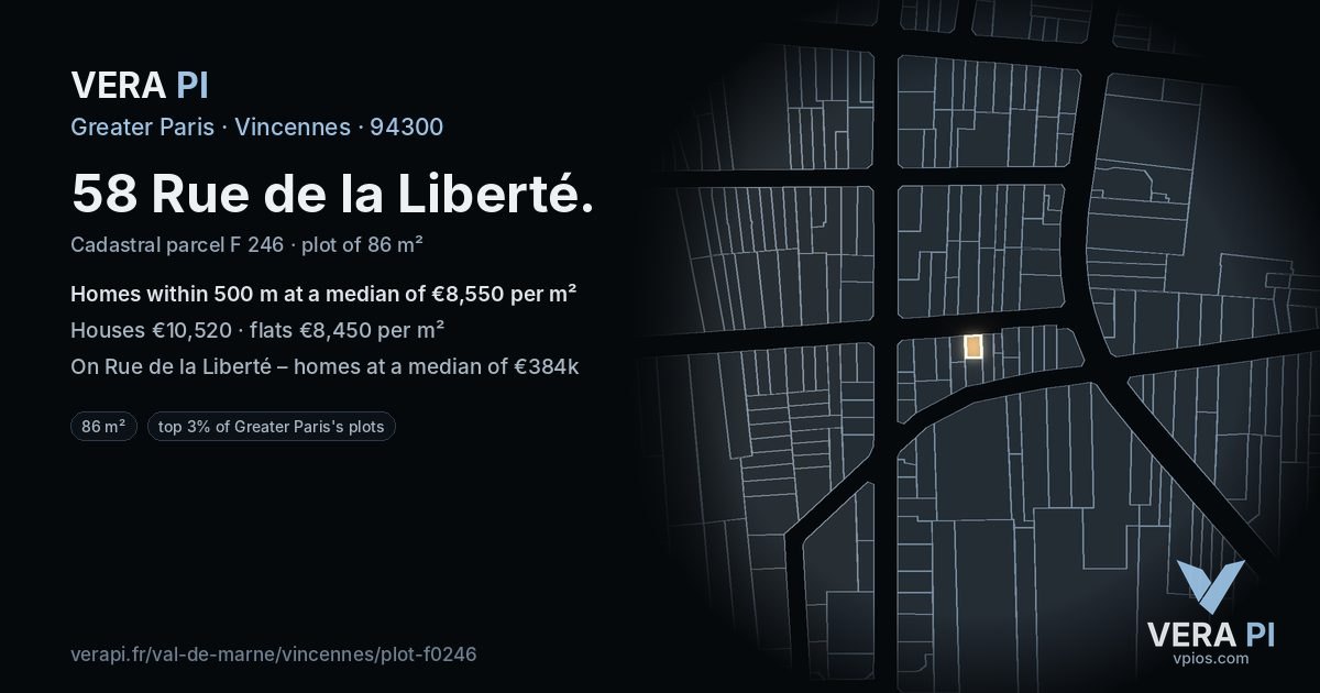 58 Rue de la Liberté, Vincennes at night – the plot lit, the parcels around coloured by the prices near them