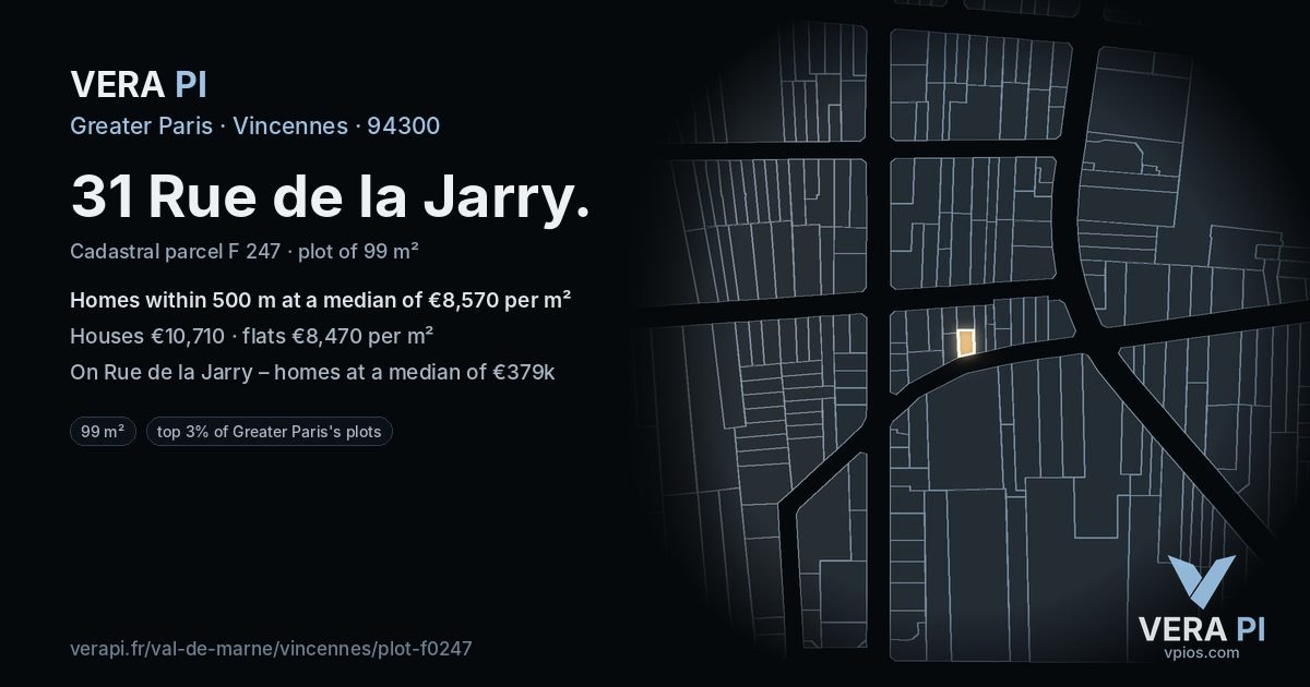 31 Rue de la Jarry, Vincennes at night – the plot lit, the parcels around coloured by the prices near them
