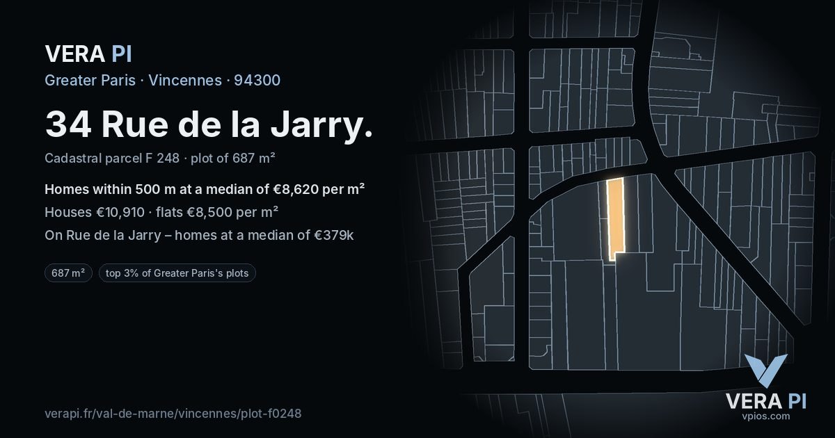34 Rue de la Jarry, Vincennes at night – the plot lit, the parcels around coloured by the prices near them
