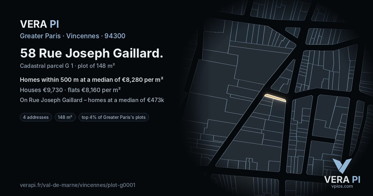 58 Rue Joseph Gaillard, Vincennes at night – the plot lit, the parcels around coloured by the prices near them