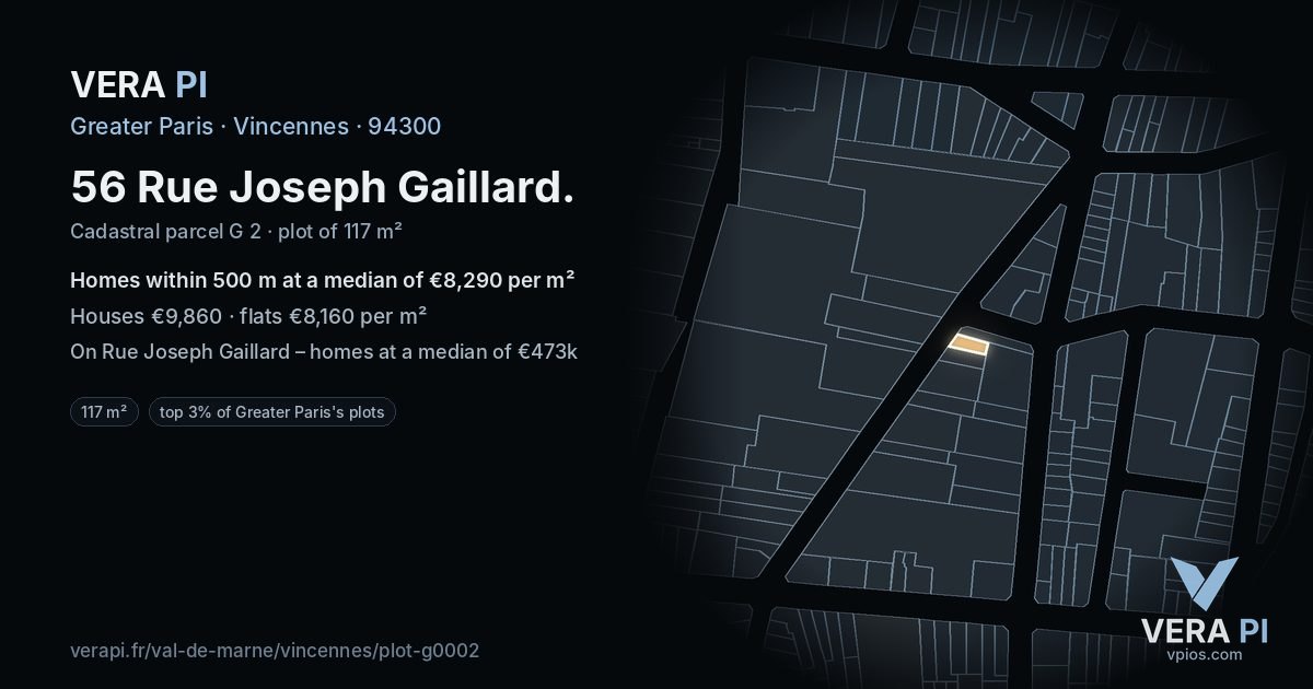 56 Rue Joseph Gaillard, Vincennes at night – the plot lit, the parcels around coloured by the prices near them