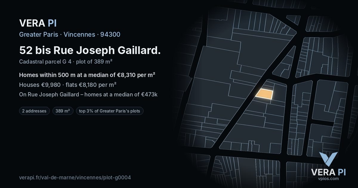 52 bis Rue Joseph Gaillard, Vincennes at night – the plot lit, the parcels around coloured by the prices near them
