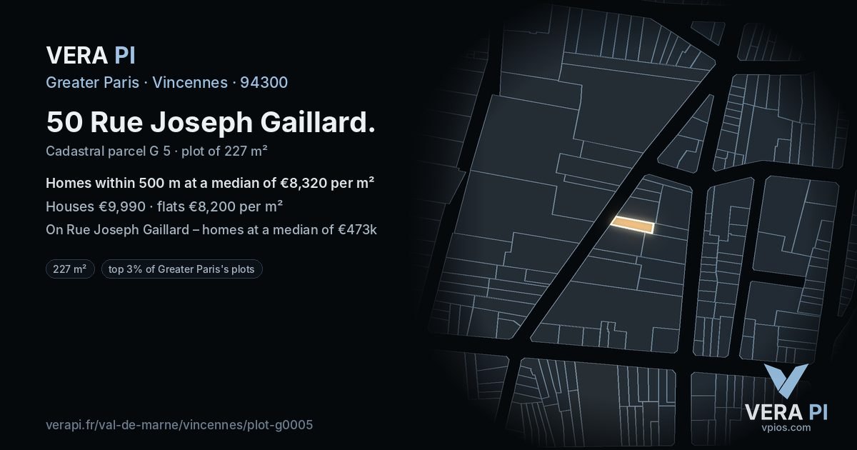 50 Rue Joseph Gaillard, Vincennes at night – the plot lit, the parcels around coloured by the prices near them