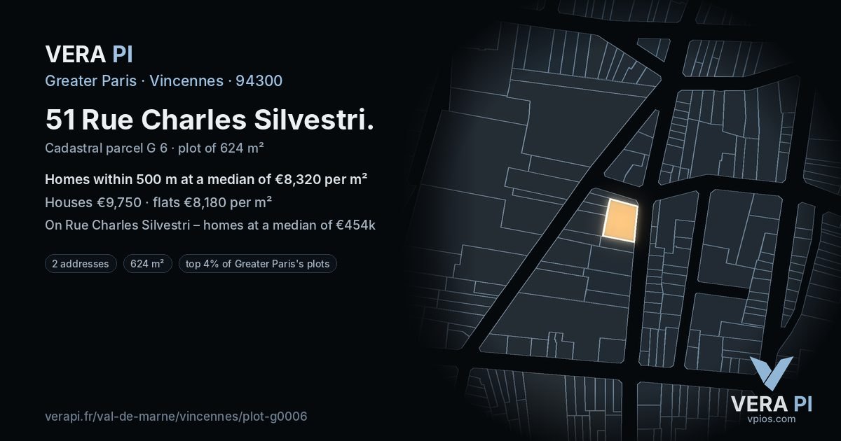51 Rue Charles Silvestri, Vincennes at night – the plot lit, the parcels around coloured by the prices near them