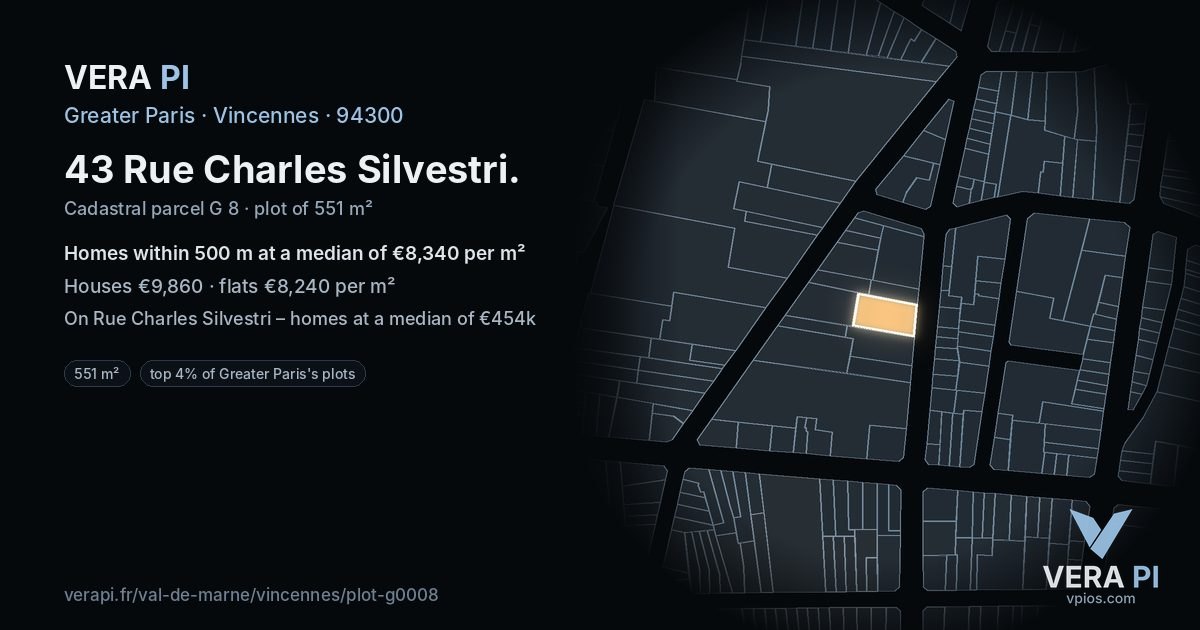 43 Rue Charles Silvestri, Vincennes at night – the plot lit, the parcels around coloured by the prices near them