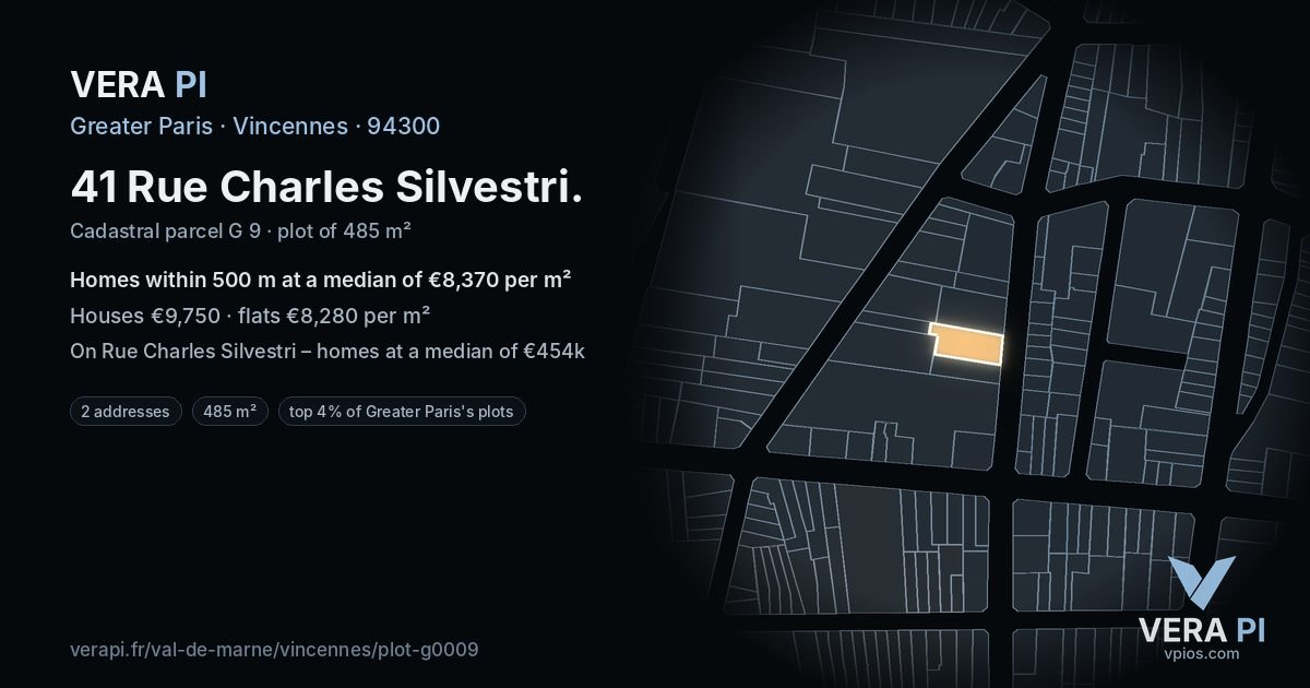 41 Rue Charles Silvestri, Vincennes at night – the plot lit, the parcels around coloured by the prices near them