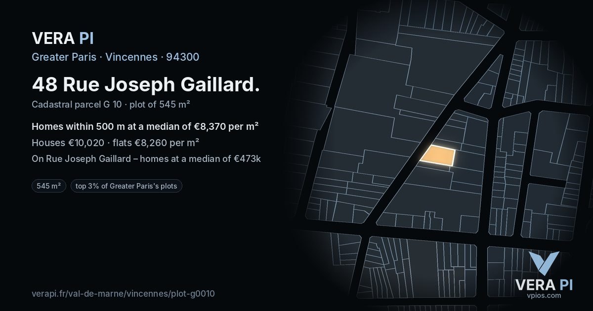 48 Rue Joseph Gaillard, Vincennes at night – the plot lit, the parcels around coloured by the prices near them