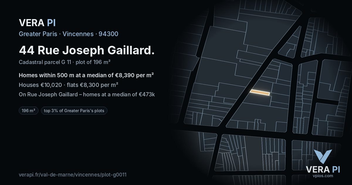 44 Rue Joseph Gaillard, Vincennes at night – the plot lit, the parcels around coloured by the prices near them
