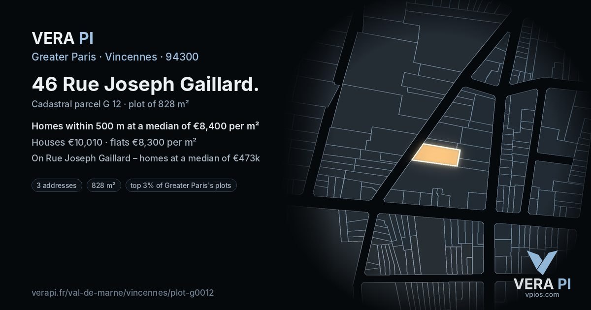 46 Rue Joseph Gaillard, Vincennes at night – the plot lit, the parcels around coloured by the prices near them