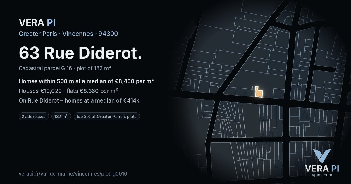 63 Rue Diderot, Vincennes at night – the plot lit, the parcels around coloured by the prices near them