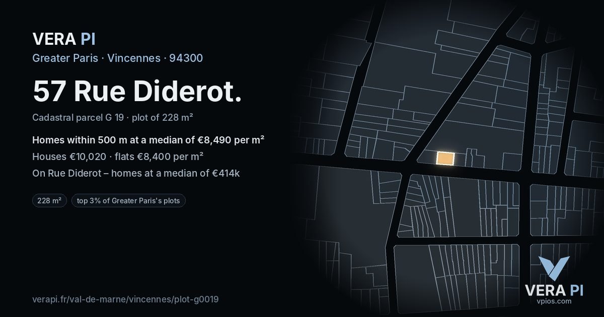 57 Rue Diderot, Vincennes at night – the plot lit, the parcels around coloured by the prices near them