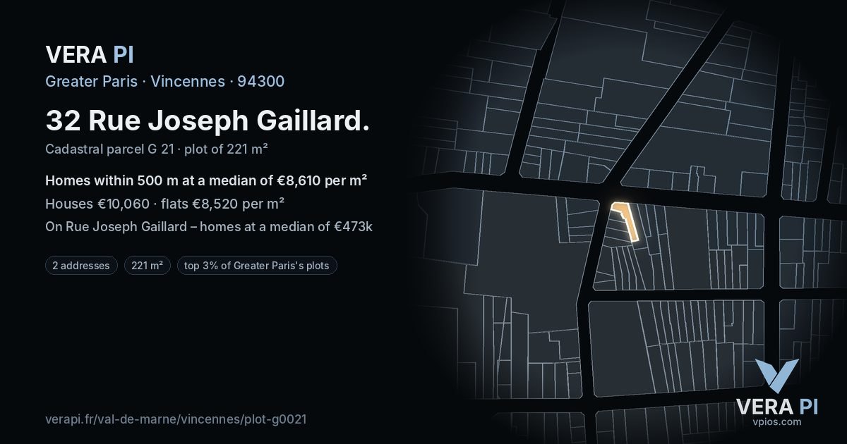 32 Rue Joseph Gaillard, Vincennes at night – the plot lit, the parcels around coloured by the prices near them