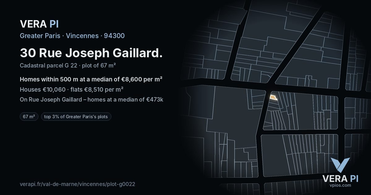 30 Rue Joseph Gaillard, Vincennes at night – the plot lit, the parcels around coloured by the prices near them