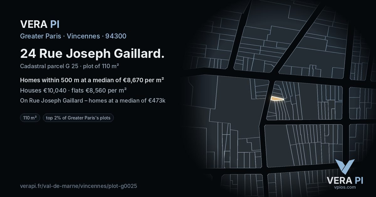 24 Rue Joseph Gaillard, Vincennes at night – the plot lit, the parcels around coloured by the prices near them
