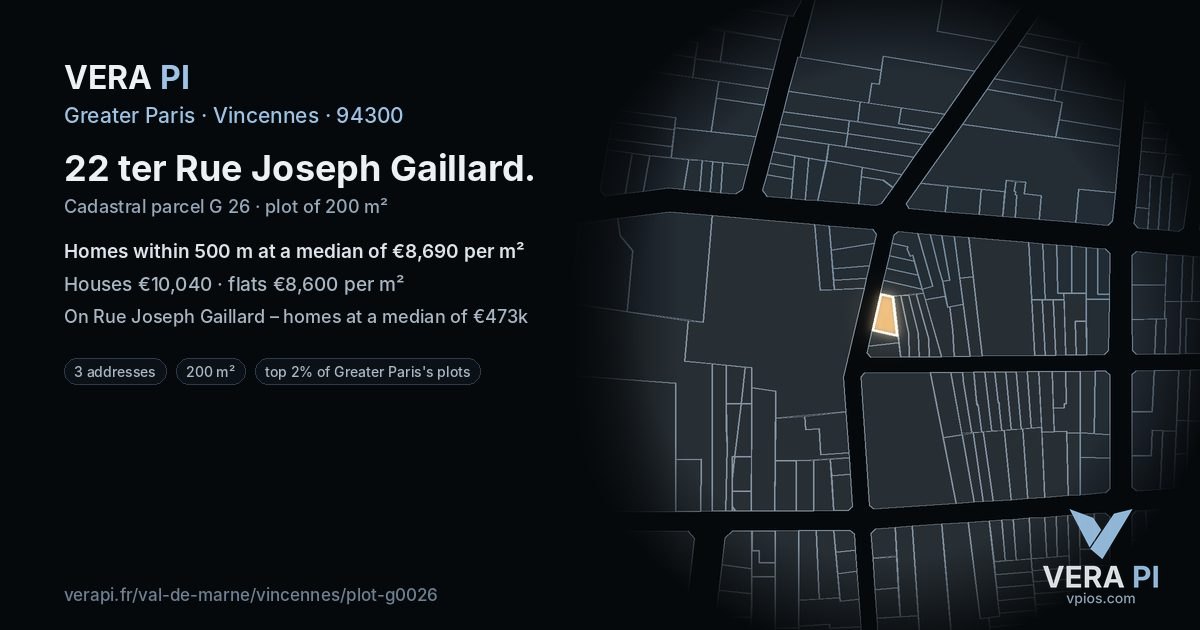 22 ter Rue Joseph Gaillard, Vincennes at night – the plot lit, the parcels around coloured by the prices near them