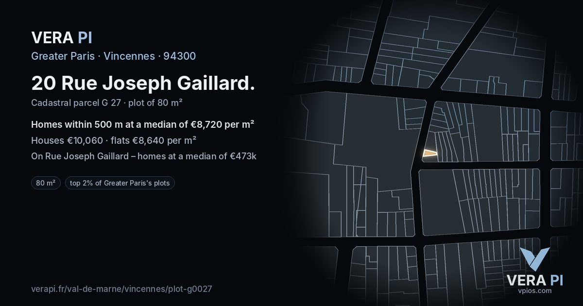 20 Rue Joseph Gaillard, Vincennes at night – the plot lit, the parcels around coloured by the prices near them