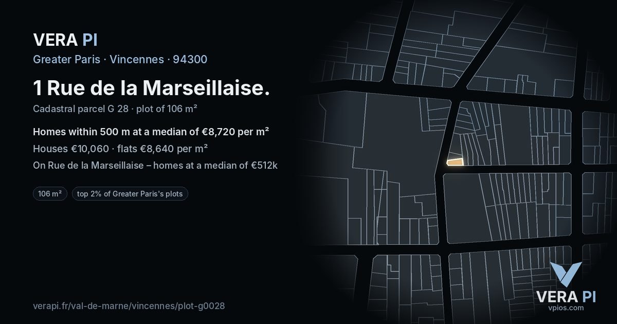 1 Rue de la Marseillaise, Vincennes at night – the plot lit, the parcels around coloured by the prices near them