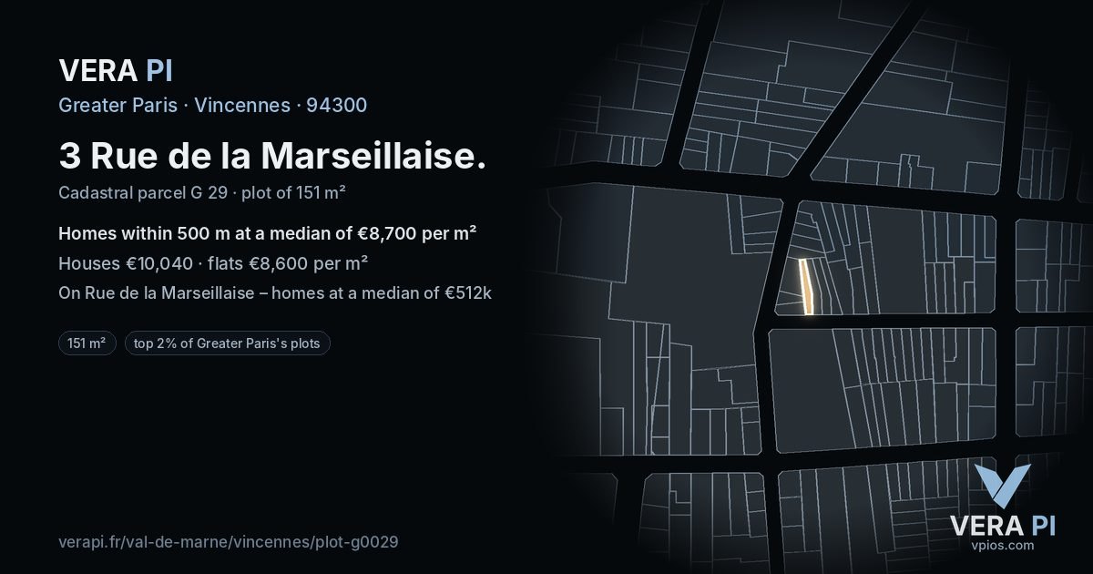 3 Rue de la Marseillaise, Vincennes at night – the plot lit, the parcels around coloured by the prices near them