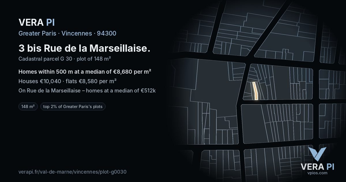3 bis Rue de la Marseillaise, Vincennes at night – the plot lit, the parcels around coloured by the prices near them