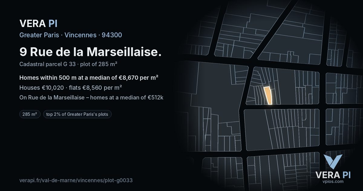 9 Rue de la Marseillaise, Vincennes at night – the plot lit, the parcels around coloured by the prices near them