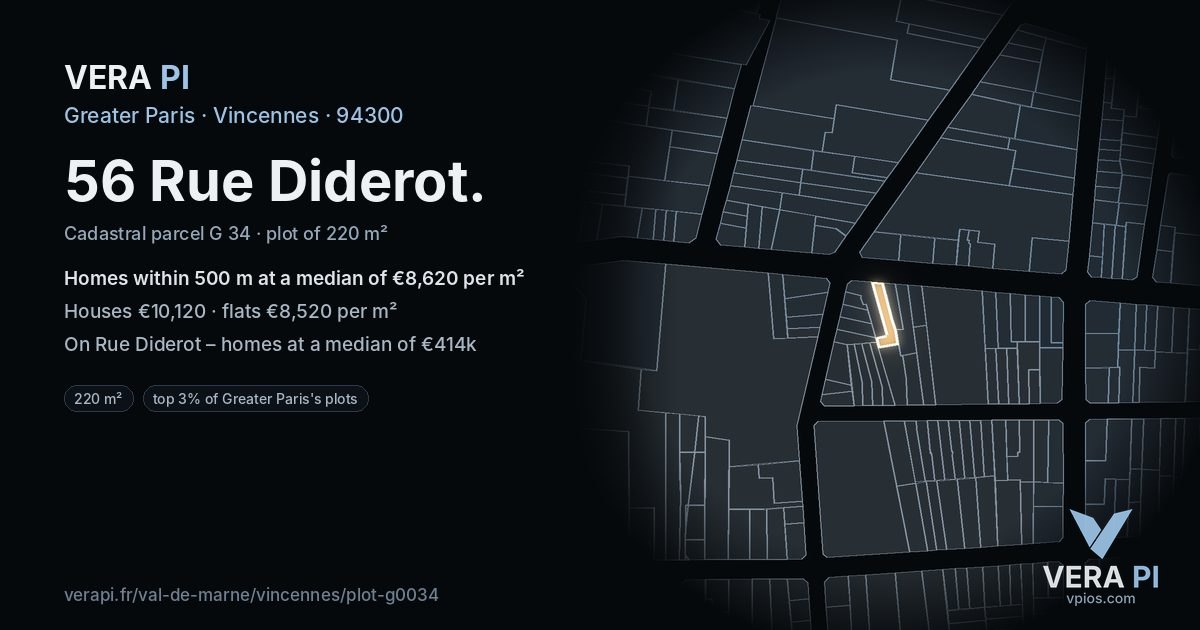 56 Rue Diderot, Vincennes at night – the plot lit, the parcels around coloured by the prices near them