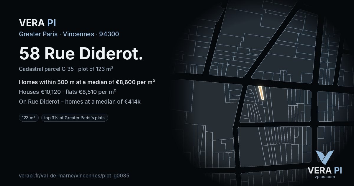 58 Rue Diderot, Vincennes at night – the plot lit, the parcels around coloured by the prices near them