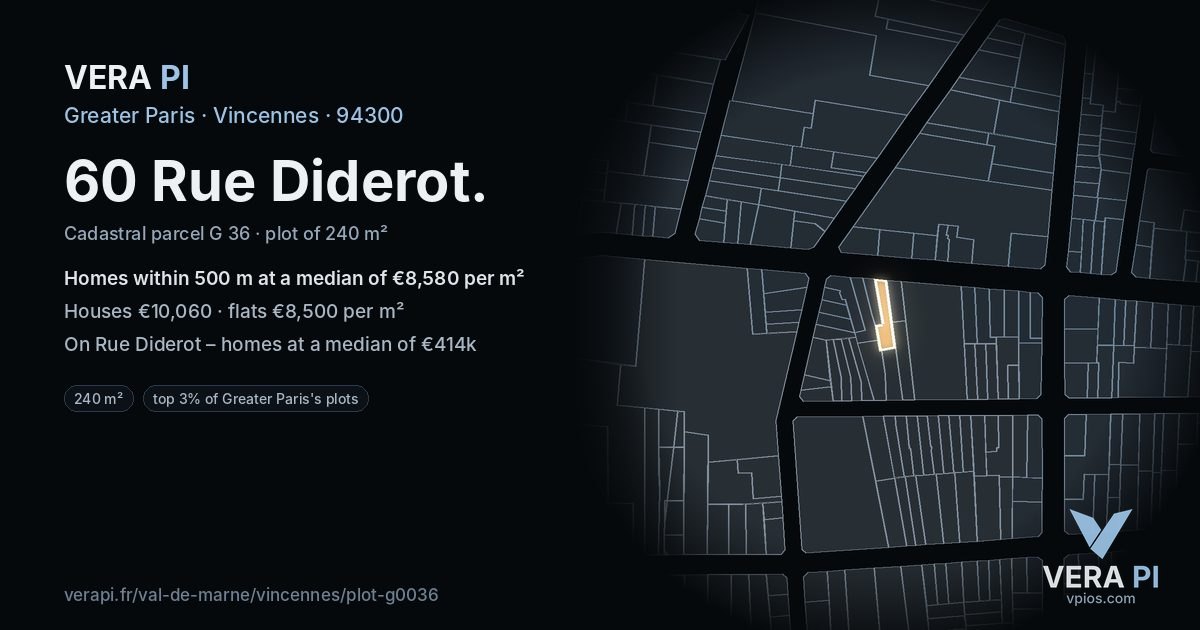 60 Rue Diderot, Vincennes at night – the plot lit, the parcels around coloured by the prices near them