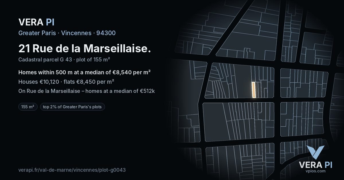 21 Rue de la Marseillaise, Vincennes at night – the plot lit, the parcels around coloured by the prices near them